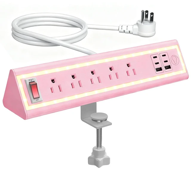 Main image of Desk Clamp Power Strip with Nightlight, 40W Fast Charging, 10FT Extension Cord, 4x20W USB-C & 2 USB Ports, 5 AC Outlets, Fits 1.69-Inch Table Edges