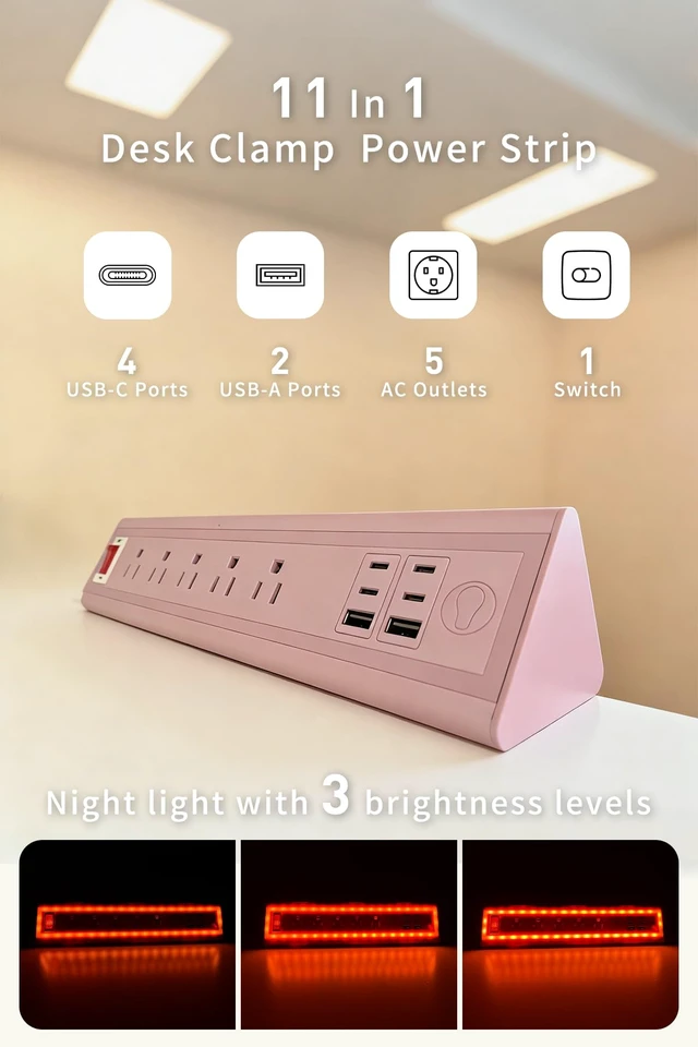 Alt view image 2 of 7 - Desk Clamp Power Strip with Nightlight, 40W Fast Charging, 10FT Extension Cord, 4x20W USB-C & 2 USB Ports, 5 AC Outlets, Fits 1.69-Inch Table Edges