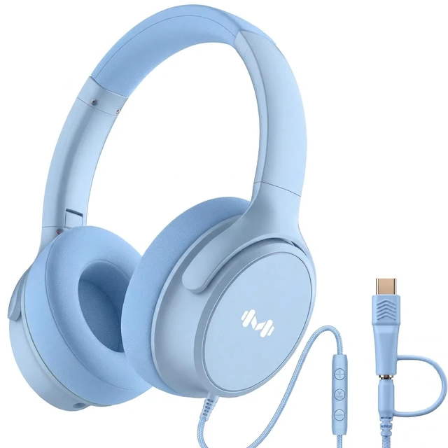 Main image of Wired Over-Ear Headphones, Mic, 3.5mm Plug, USB-C Adapter, Blue Foldable, adjustable headphones with soft cushions, inline mic, 3.5mm plug, and USB-C adapter for laptop, phone, and travel