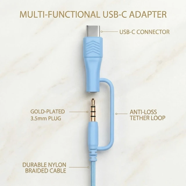 Alt view image 2 of 7 - Wired Over-Ear Headphones, Mic, 3.5mm Plug, USB-C Adapter, Blue Foldable, adjustable headphones with soft cushions, inline mic, 3.5mm plug, and USB-C adapter for laptop, phone, and travel
