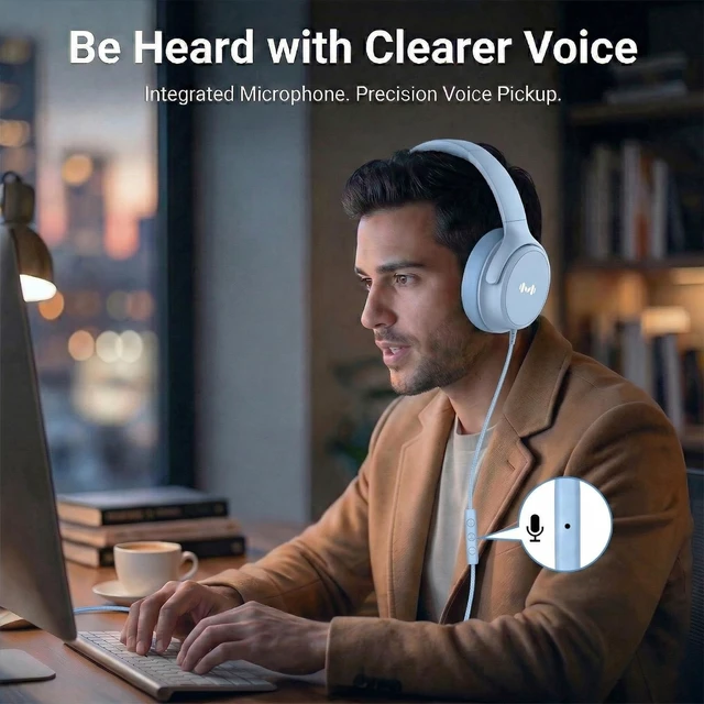 Alt view image 3 of 7 - Wired Over-Ear Headphones, Mic, 3.5mm Plug, USB-C Adapter, Blue Foldable, adjustable headphones with soft cushions, inline mic, 3.5mm plug, and USB-C adapter for laptop, phone, and travel
