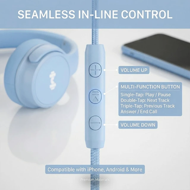 Alt view image 4 of 7 - Wired Over-Ear Headphones, Mic, 3.5mm Plug, USB-C Adapter, Blue Foldable, adjustable headphones with soft cushions, inline mic, 3.5mm plug, and USB-C adapter for laptop, phone, and travel