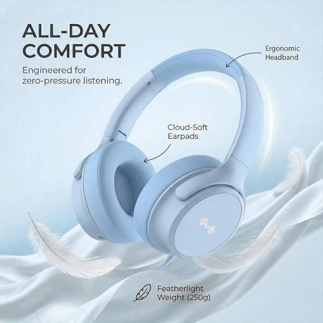 Alt view image 6 of 7 - Wired Over-Ear Headphones, Mic, 3.5mm Plug, USB-C Adapter, Blue Foldable, adjustable headphones with soft cushions, inline mic, 3.5mm plug, and USB-C adapter for laptop, phone, and travel