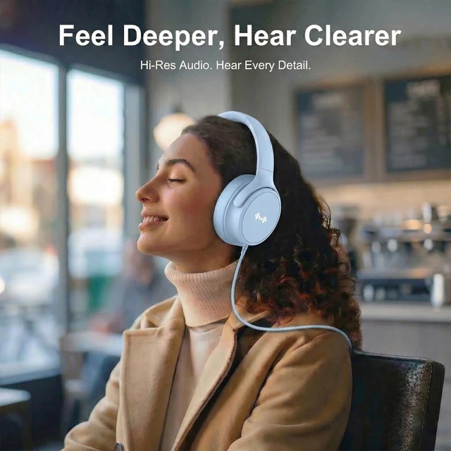 Alt view image 5 of 7 - Wired Over-Ear Headphones, Mic, 3.5mm Plug, USB-C Adapter, Blue Foldable, adjustable headphones with soft cushions, inline mic, 3.5mm plug, and USB-C adapter for laptop, phone, and travel