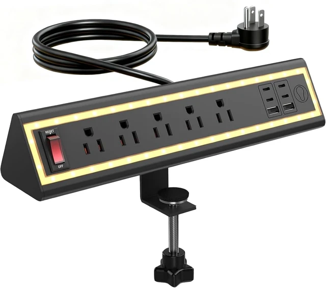 Main image of Desk Clamp Power Strip with Nightlight, 40W Fast Charging, 10FT Extension Cord, 4x20W USB-C & 2 USB Ports, 5 AC Outlets, Fits 1.69-Inch Table Edges
