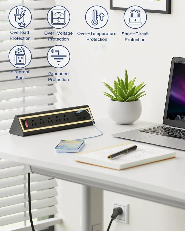Alt view image 5 of 7 - Desk Clamp Power Strip with Nightlight, 40W Fast Charging, 10FT Extension Cord, 4x20W USB-C & 2 USB Ports, 5 AC Outlets, Fits 1.69-Inch Table Edges