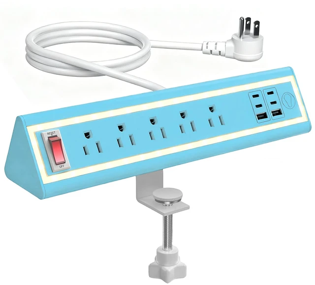 Main image of Desk Clamp Power Strip with Nightlight, 40W Fast Charging, 10FT Extension Cord, 4x20W USB-C & 2 USB Ports, 5 AC Outlets, Fits 1.69-Inch Table Edges