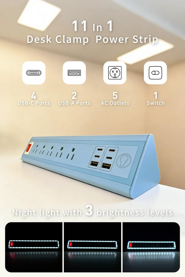 Alt view image 2 of 7 - Desk Clamp Power Strip with Nightlight, 40W Fast Charging, 10FT Extension Cord, 4x20W USB-C & 2 USB Ports, 5 AC Outlets, Fits 1.69-Inch Table Edges