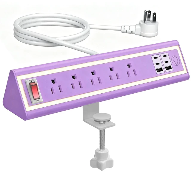 Main image of Desk Clamp Power Strip with Nightlight, 40W Fast Charging, 10FT Extension Cord, 4x20W USB-C & 2 USB Ports, 5 AC Outlets, Fits 1.69-Inch Table Edges
