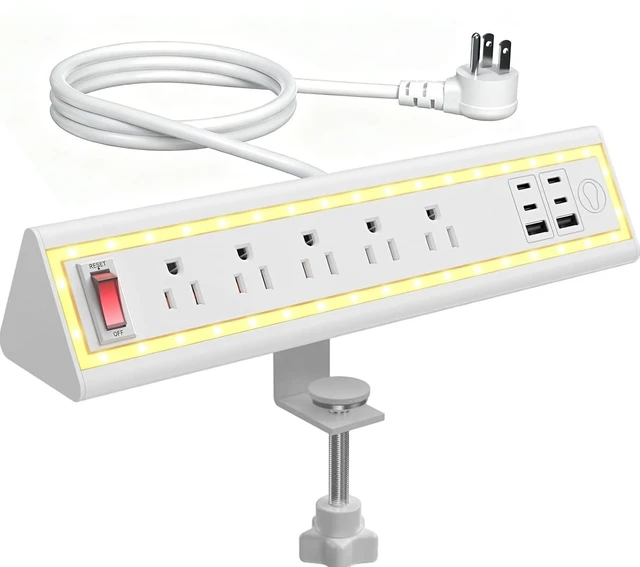 Main image of Desk Clamp Power Strip with Nightlight, 40W Fast Charging, 10FT Extension Cord, 4x20W USB-C & 2 USB Ports, 5 AC Outlets, Fits 1.69-Inch Table Edges