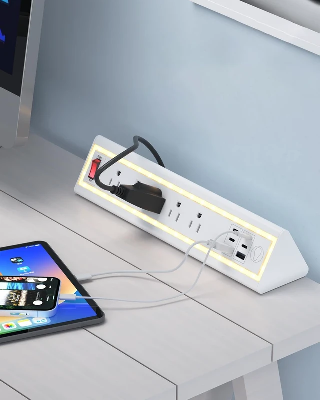 Alt view image 3 of 7 - Desk Clamp Power Strip with Nightlight, 40W Fast Charging, 10FT Extension Cord, 4x20W USB-C & 2 USB Ports, 5 AC Outlets, Fits 1.69-Inch Table Edges