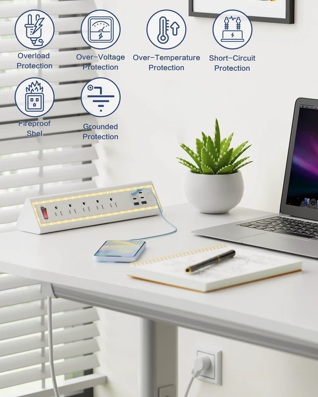 Alt view image 5 of 7 - Desk Clamp Power Strip with Nightlight, 40W Fast Charging, 10FT Extension Cord, 4x20W USB-C & 2 USB Ports, 5 AC Outlets, Fits 1.69-Inch Table Edges