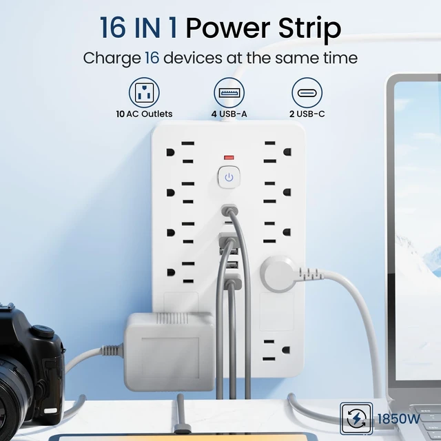 Alt view image 2 of 7 - 6 FT Surge Protector Power Strip Extension Cord with 10 Outlets & 6 USB | 6 Feet Extension Cord Flat Plug Power Strip with 10 Outlets&6 USB Ports (2 USB C),1850J Surge Protection ETL