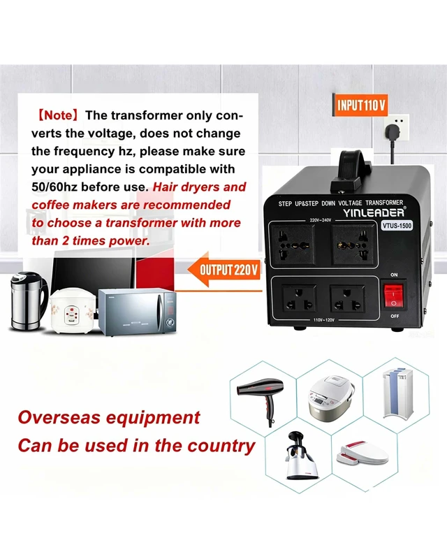 Alt view image 4 of 7 - 1500W 110V to 220V or 220V/230V/240V to 110V/120V Power Converter Step Up/Down Voltage Transformer Converter for Use 220V Overseas Appliances,Circuit Breaker Protection