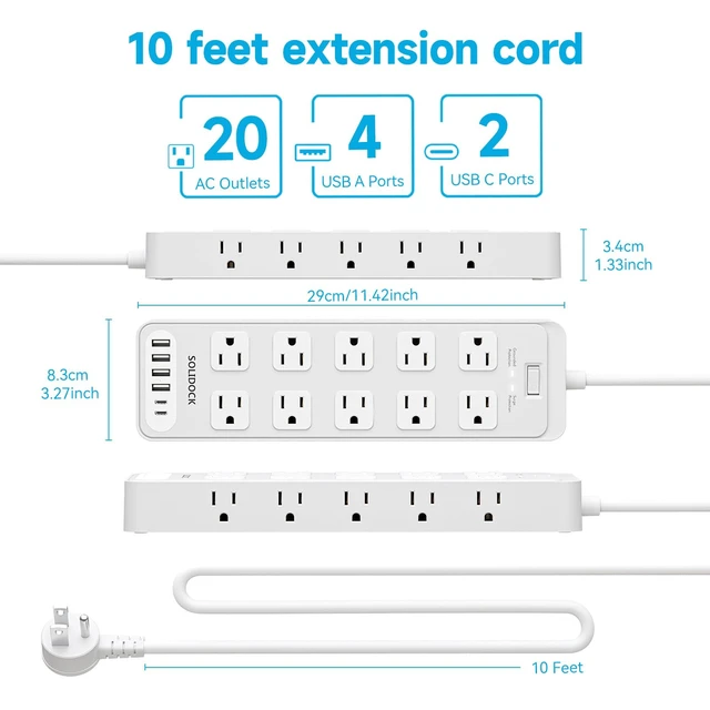 Alt view image 7 of 7 - Power Strip Surge Protector Flat Plug with 20 AC Outlets 6 USB Chagring Ports, 1875W/15A, 2700J, 10 Ft Heavy Duty Extension Cord for Home, Office, Dorm, Gaming,ETL Listed (White, 10FT)