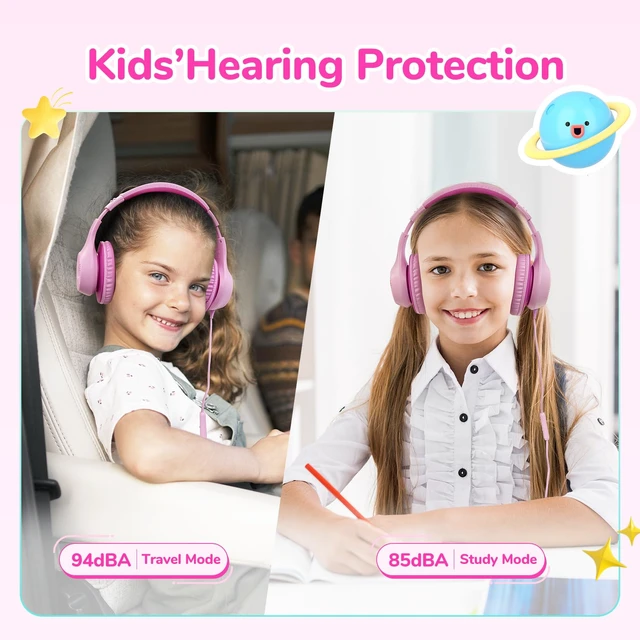 Alt view image 2 of 7 - K3 Kids Headphones, Over Ear Headphones with Microphones, 85/94dB Safe Volume Limit, HD Stereo Sound, 3.5mm Jack, Foldable Wired Headphones for School/Travel/Boys/Girls/Tablet/iPad, Pink