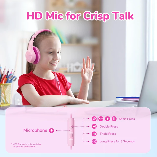 Alt view image 3 of 7 - K3 Kids Headphones, Over Ear Headphones with Microphones, 85/94dB Safe Volume Limit, HD Stereo Sound, 3.5mm Jack, Foldable Wired Headphones for School/Travel/Boys/Girls/Tablet/iPad, Pink