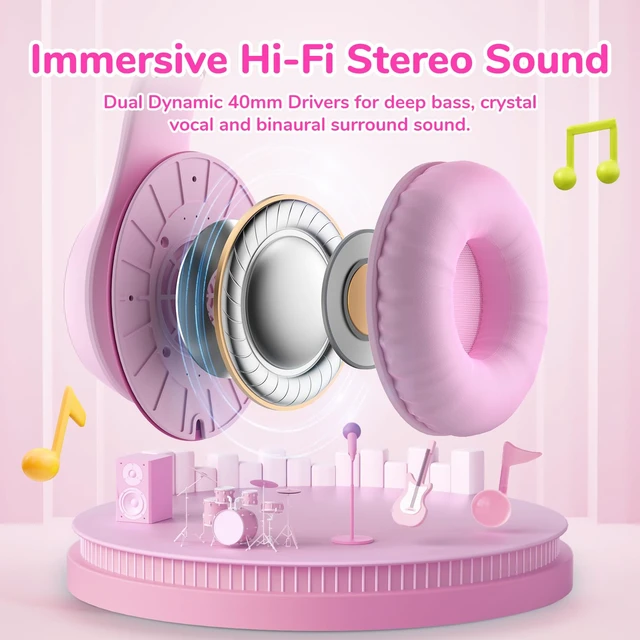 Alt view image 2 of 7 - K3 Kids Headphones, USB Type C Wired Headphones for Kids/School Pink HD Stereo Sound, Comfortable Fit, 40mm Driver, Volume Limit, Foldable Over Ear Headphone for Travel/Boys/Girls/Tablet/iPad