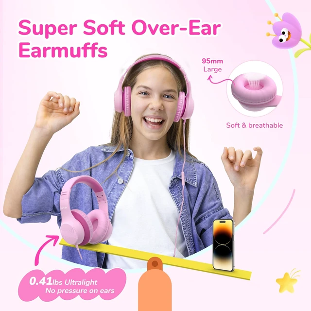 Alt view image 5 of 7 - K3 Kids Headphones, Over Ear Headphones with Microphones, 85/94dB Safe Volume Limit, HD Stereo Sound, 3.5mm Jack, Foldable Wired Headphones for School/Travel/Boys/Girls/Tablet/iPad, Pink