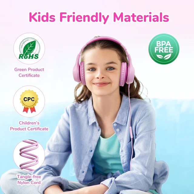 Alt view image 6 of 7 - K3 Kids Headphones, Over Ear Headphones with Microphones, 85/94dB Safe Volume Limit, HD Stereo Sound, 3.5mm Jack, Foldable Wired Headphones for School/Travel/Boys/Girls/Tablet/iPad, Pink