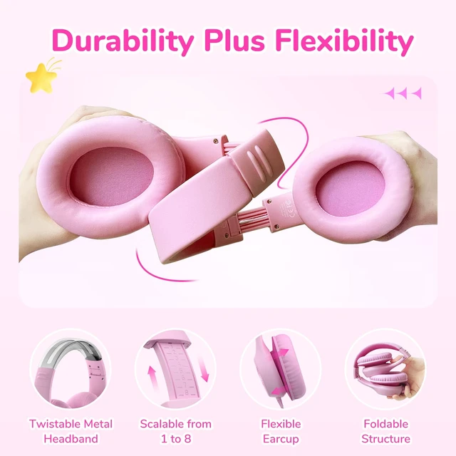 Alt view image 7 of 7 - K3 Kids Headphones, USB Type C Wired Headphones for Kids/School Pink HD Stereo Sound, Comfortable Fit, 40mm Driver, Volume Limit, Foldable Over Ear Headphone for Travel/Boys/Girls/Tablet/iPad