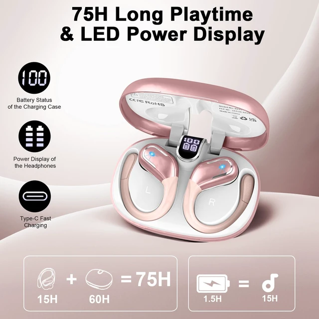 Alt view image 2 of 7 - Wireless Earbuds, 75hrs Bluetooth 5.4 Headphone Sport, 2026 Bluetooth Earbuds Deep Bass Over Ear Buds with Earhooks, ENC Noise Cancelling Earphone Mic, IP7 Waterproof for Workout/Running/Gym Rose