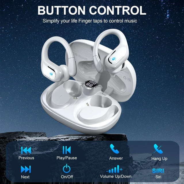 Alt view image 3 of 7 - Wireless Earbuds, 75Hrs Bluetooth 5.3 Headphones Sport,Bluetooth Earbuds ENC Noise Canceling Mic, Bass Stereo Wireless Earphones IP7 Waterproof Over Ear Buds with Earhooks for iOS/Android, White
