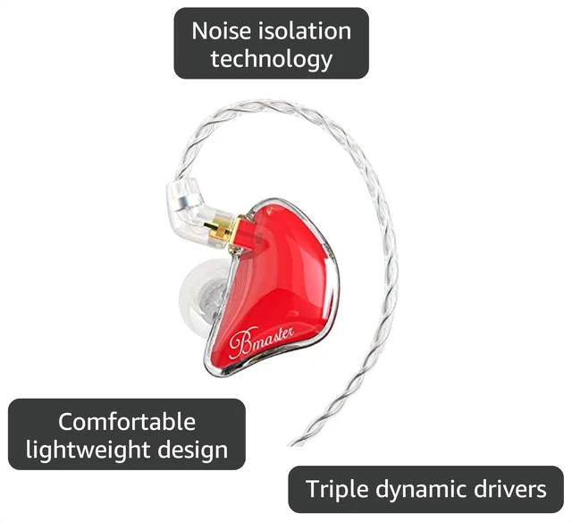 Alt view image 3 of 7 - Bmaster in Ear Monitor Musician Headphones Triple Drivers Dynamic Earbuds Sound Isolating Earphones with Two Detachable Audio & Mic Cables (Red)
