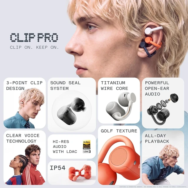 Alt view image 2 of 7 - Clip Pro, Hi-Res Open Ear Wireless Bluetooth Headphones, Light Grey Clip On Earbuds with Ultra-Lightweight Design, Comfortable Fit, Sweat Resistant, 32.5h Playtime, 4-MIC Call Clarity