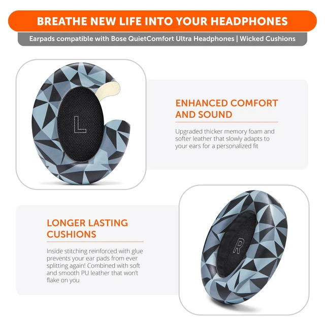 Alt view image 4 of 7 - PadZ QC Ultra - Earpads for Bose QuietComfort Ultra Gen 1 & 2 Made by Wicked Cushions Enhanced Comfort, Thickness & Durability Geo Grey