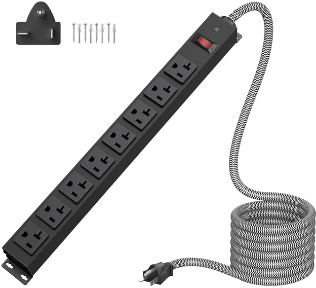Main image of 20Amp Power Strip Heavy Duty, Long Metal 8-Outlets, Black, 15FT 1200J 20a Surge Protector, Wall Mount Extension Cord for Industrial, 5-20P T-Plug & 5-20R T-Slot, with a 15A adapter