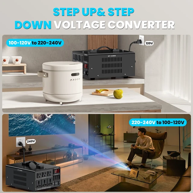 Alt view image 5 of 7 - 8000W Voltage Converter Transformer(110V to 220V or 220V to 110V) Step Up/Down Converter 110/120 Volt - 220/240 Volt w/US Power Cord,Circuit Breaker Protection, LCD Screen Display