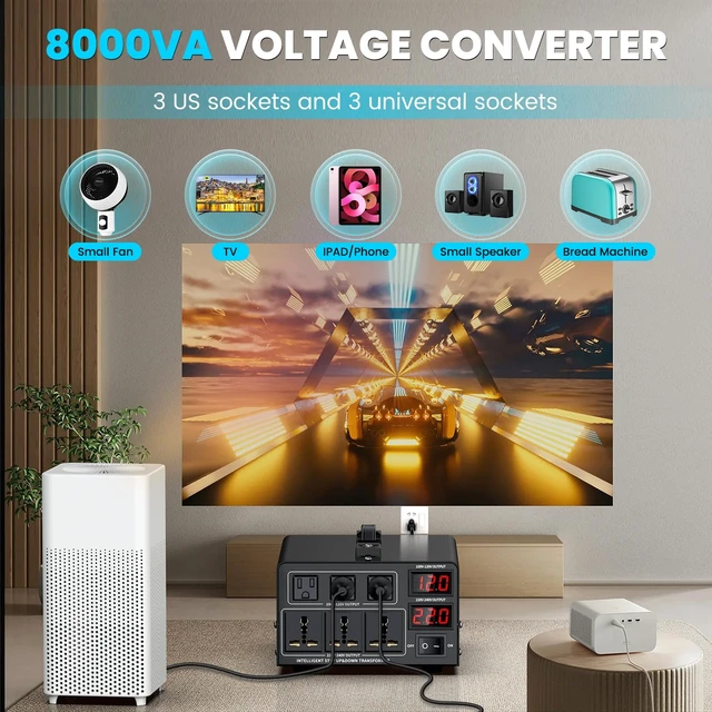 Alt view image 6 of 7 - 8000W Voltage Converter Transformer(110V to 220V or 220V to 110V) Step Up/Down Converter 110/120 Volt - 220/240 Volt w/US Power Cord,Circuit Breaker Protection, LCD Screen Display