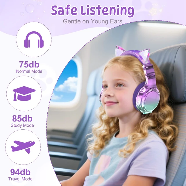Alt view image 2 of 7 - Kids Cat Ear Bluetooth Headphones, 60H, 74/85/94dB Volume Limit For school with mic, fast charging, foldable design, wired mode, Wireless headphones for kids, girls boys, tablet, travel