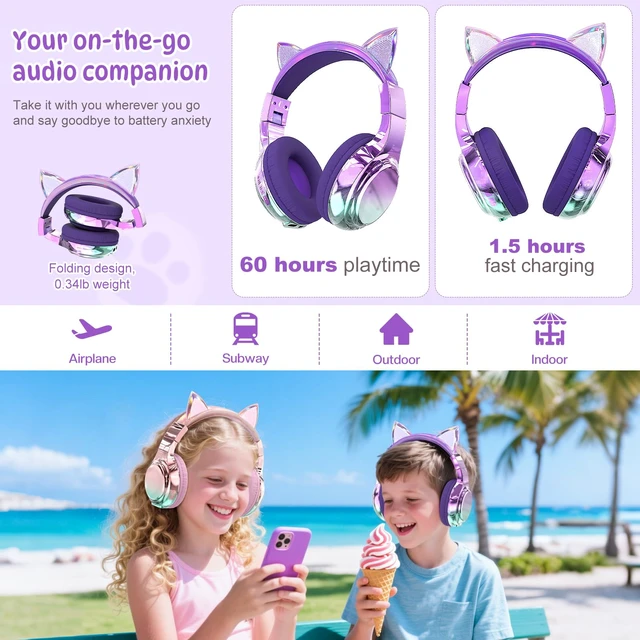 Alt view image 3 of 7 - Kids Cat Ear Bluetooth Headphones, 60H, 74/85/94dB Volume Limit For school with mic, fast charging, foldable design, wired mode, Wireless headphones for kids, girls boys, tablet, travel