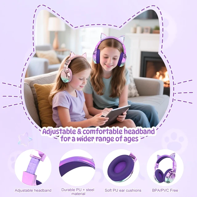 Alt view image 4 of 7 - Kids Cat Ear Bluetooth Headphones, 60H, 74/85/94dB Volume Limit For school with mic, fast charging, foldable design, wired mode, Wireless headphones for kids, girls boys, tablet, travel