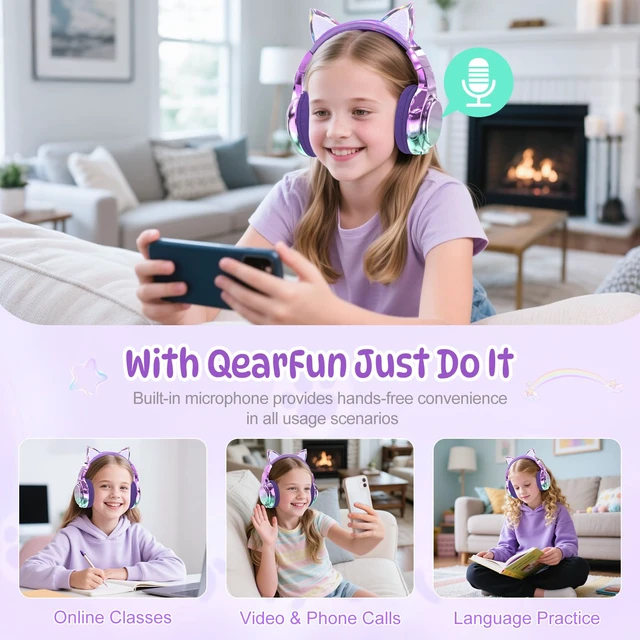 Alt view image 5 of 7 - Kids Cat Ear Bluetooth Headphones, 60H, 74/85/94dB Volume Limit For school with mic, fast charging, foldable design, wired mode, Wireless headphones for kids, girls boys, tablet, travel