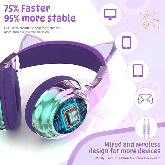 Alt view image 6 of 7 - Kids Cat Ear Bluetooth Headphones, 60H, 74/85/94dB Volume Limit For school with mic, fast charging, foldable design, wired mode, Wireless headphones for kids, girls boys, tablet, travel