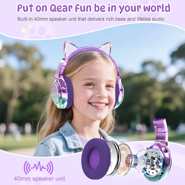 Alt view image 7 of 7 - Kids Cat Ear Bluetooth Headphones, 60H, 74/85/94dB Volume Limit For school with mic, fast charging, foldable design, wired mode, Wireless headphones for kids, girls boys, tablet, travel