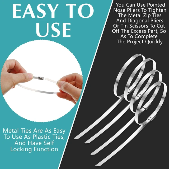 Alt view image 4 of 7 - 500 Pcs Stainless Steel Zip Ties 304 Metal Cable,21.6 Inch Self Locking 220 Lb Strength, For Exhaust Wrap Fence Workshop Outdoor, Corrosion Resistant Heavy Duty Cable Straps