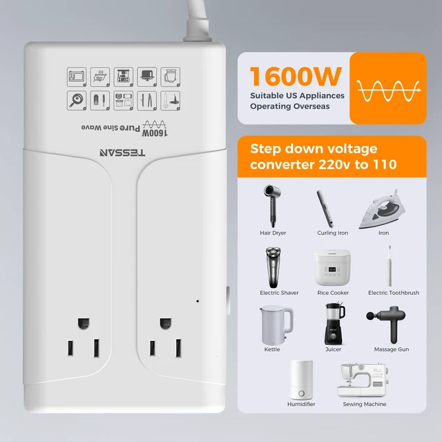 Alt view image 2 of 7 - 1600W 220V to 110V Voltage Converter US to Europe