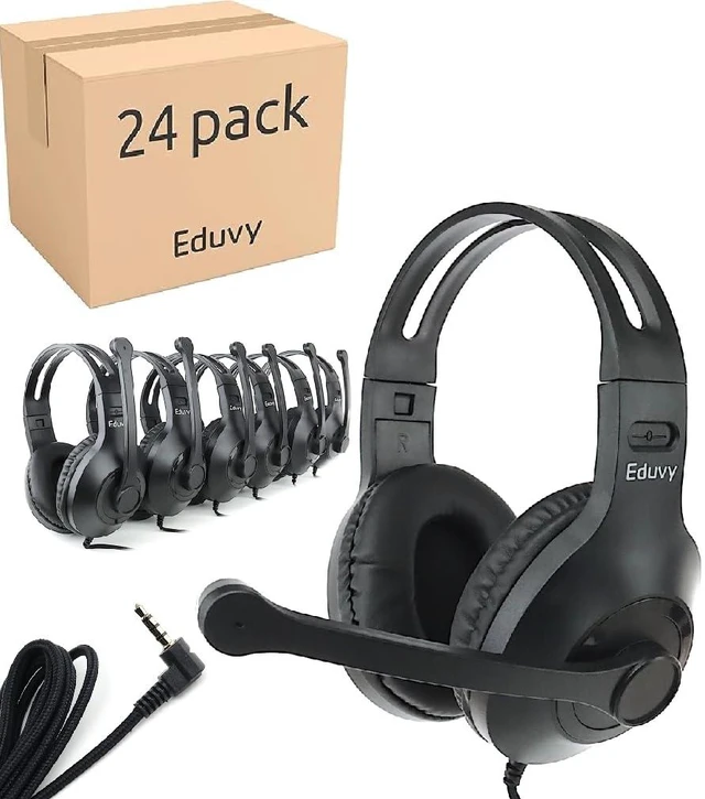 Main image of Bulk Headphones for Classroom with Microphone, Heavy-Duty School Pack Wired Headphones for Students with Rotating Boom Mic. Teacher Must Haves from Elementary to College (24 Pack Black)