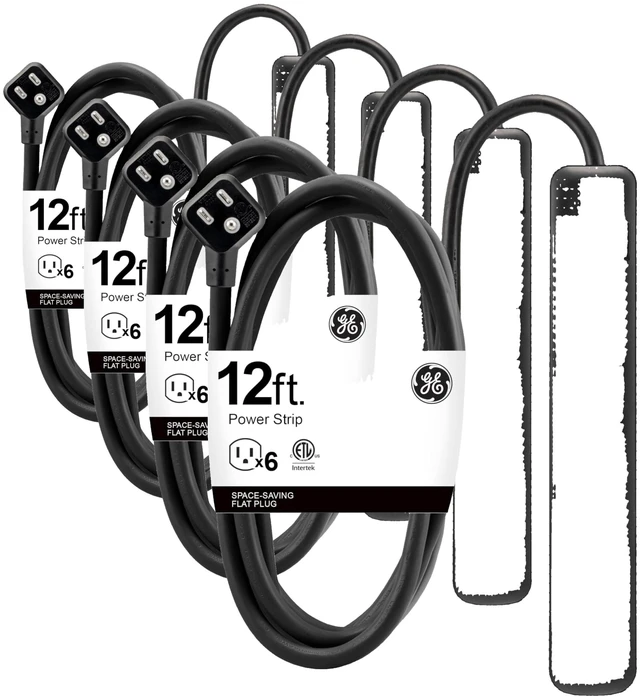Main image of 6 Outlet Power Strip,12 Ft Long Extension Cord,3 Prong Outlets,UL Listed,Black,45192,(Pack of 4)