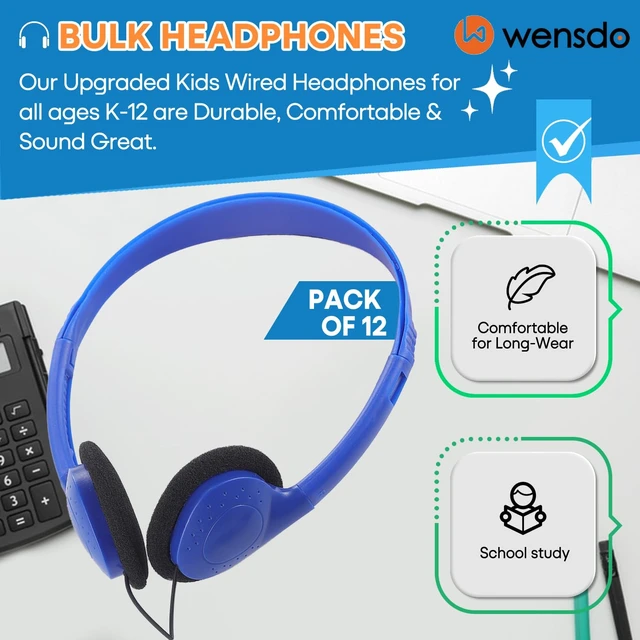 Alt view image 2 of 7 - Kids Headphones Bulk 12 Pack for School Classroom Student Children Toddler Boys Girls Teen and Adults, Wholesale Wired Computer Earphones Class Set for Library Museums Airplane (HY857,12 Blue)