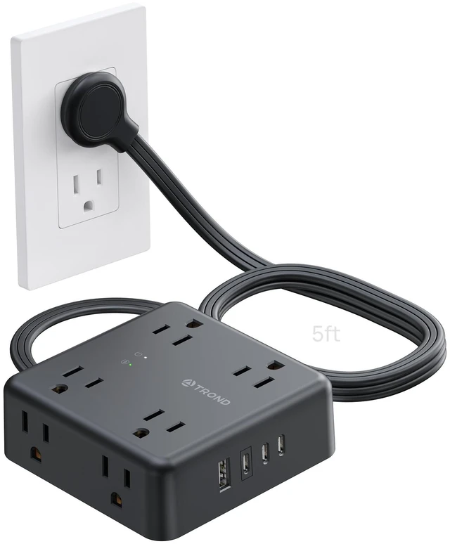 Main image of Surge Protector Power Strip, 5FT Flat Plug Extension Cord, Black 8 Outlets & 4 USB Ports(3 USB C), 1625W, 1440J, Wall Mount Outlet Extender for Home Office Dorm Room Essentials