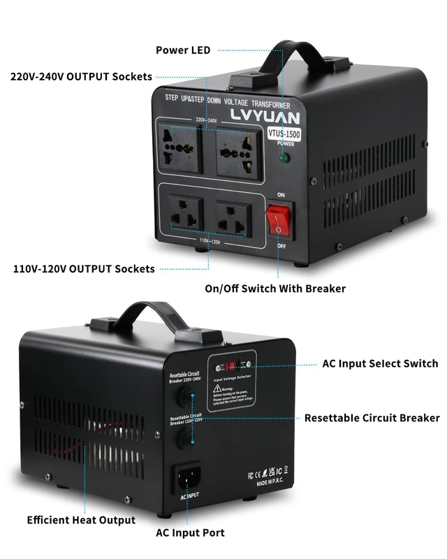 Alt view image 2 of 7 - Voltage Converter Transformer 1500 Watt Step Up/Down Convert from 110V-120V to 220V-240Vt and from 220V-240V to 110V-120V with 2 US outlets, 2 Universal outlets, Resettable Circuit Breaker