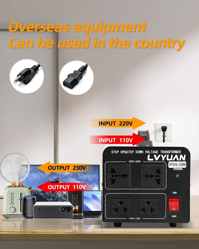 Alt view image 4 of 7 - Voltage Converter Transformer 1500 Watt Step Up/Down Convert from 110V-120V to 220V-240Vt and from 220V-240V to 110V-120V with 2 US outlets, 2 Universal outlets, Resettable Circuit Breaker