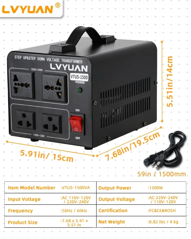 Alt view image 7 of 7 - Voltage Converter Transformer 1500 Watt Step Up/Down Convert from 110V-120V to 220V-240Vt and from 220V-240V to 110V-120V with 2 US outlets, 2 Universal outlets, Resettable Circuit Breaker