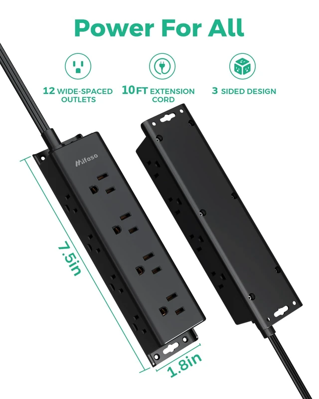 Alt view image 7 of 7 - Surge Protector Power Strip, 12 Widely Spaced Multi Outlets on 3 Sides 10FT Extension Cord with Multiple Outlets, Flat Plug, Wall Mount, Overload Protection, Black
