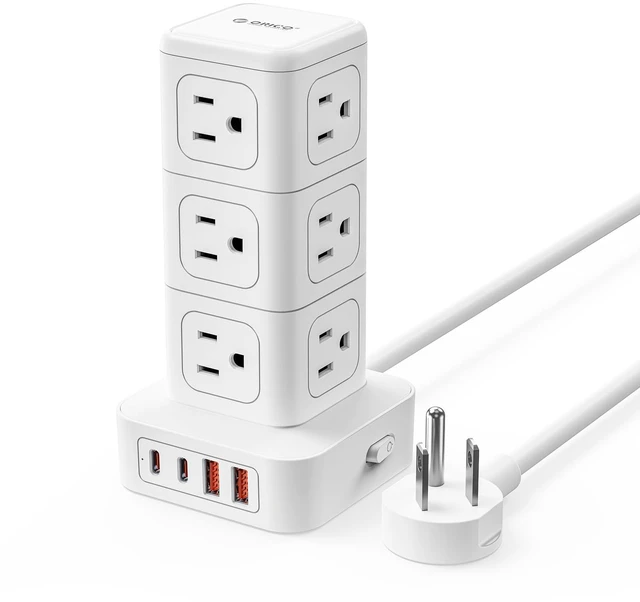 Main image of Tower Power Strip with Surge Protection, Charging Station Tower with 12 AC Outlets 4 USB Ports (2 USB C), Space Saving Design, 5FT Tower Extension Cord for Home, Office, Dorm - TPP20